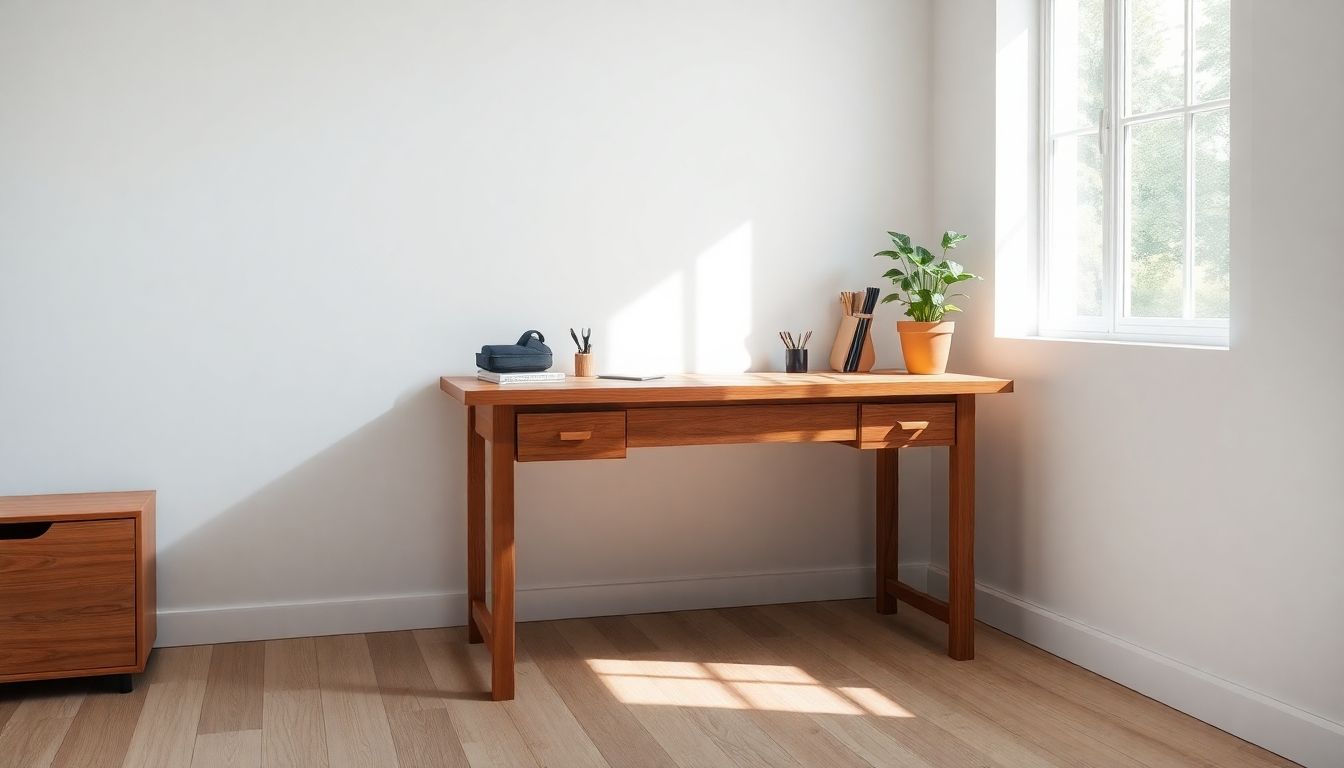 Realistic wooden desk in a bright room.