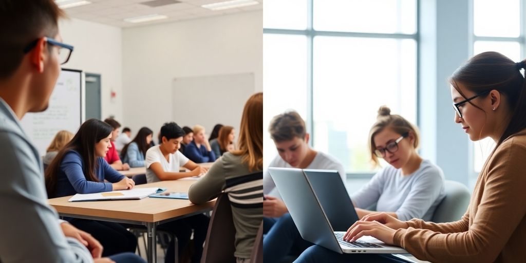 Estudantes em salas de aula e usando computadores.