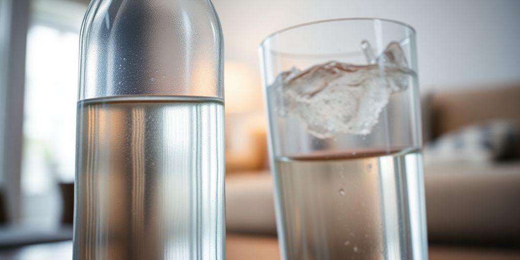 Clear water glass with bottle in a cozy room.