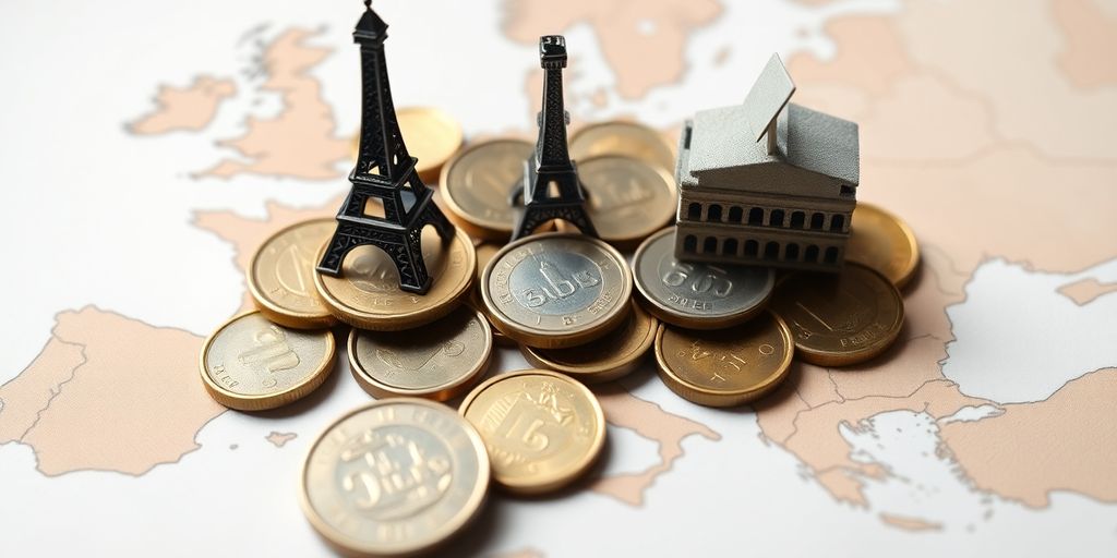 European landmarks, coins, and growth.