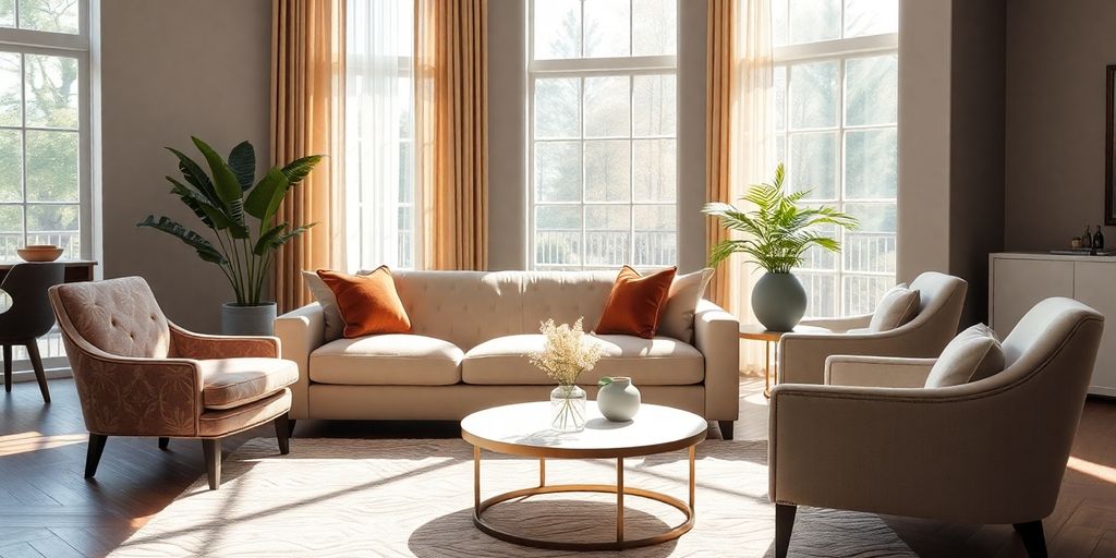 Modern living room with sofa and chairs.