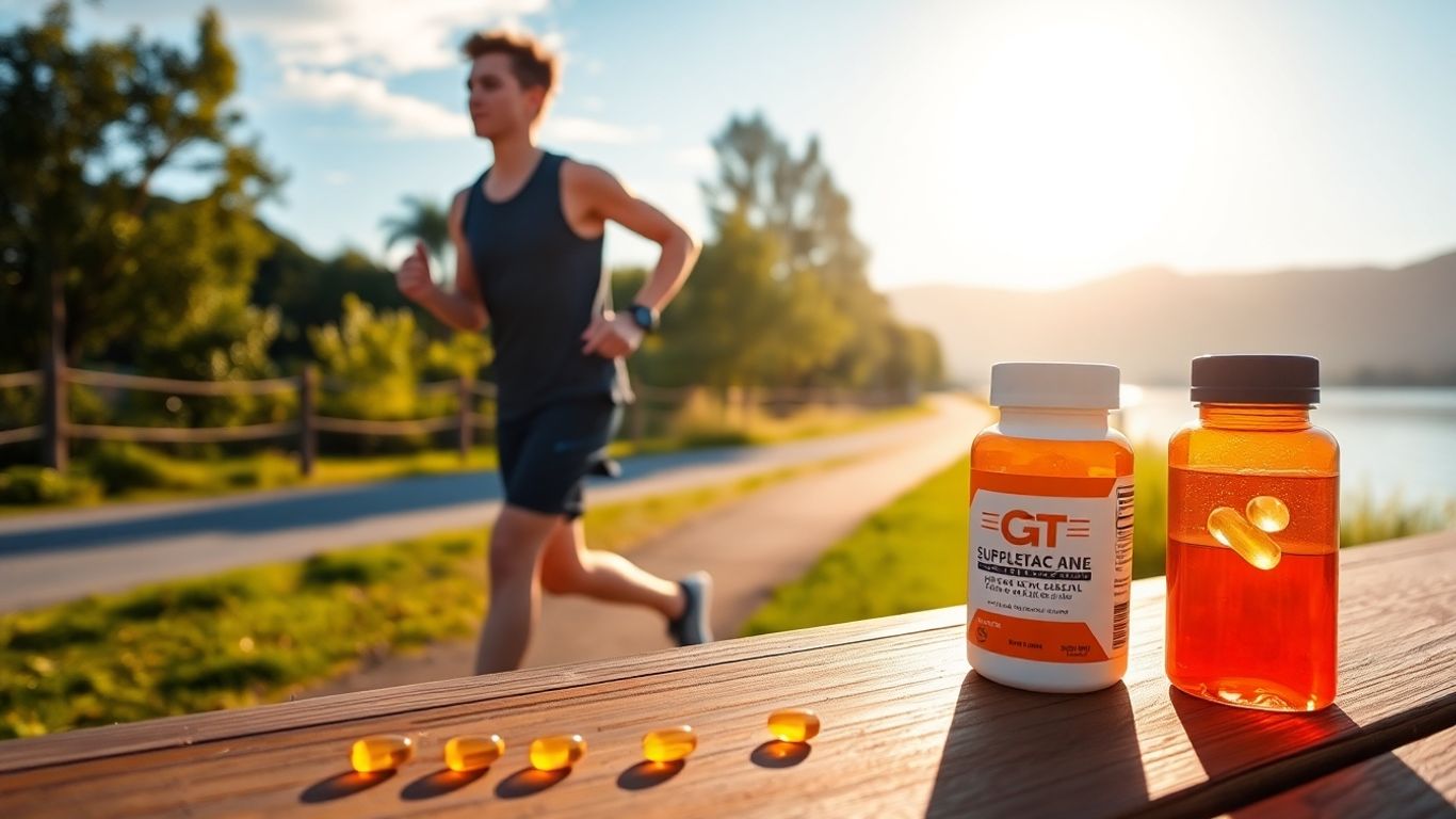 Runner near water with supplement bottle and softgel capsules nearby.