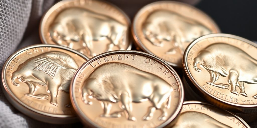 Buffalo nickels stacked in a collector's hand.