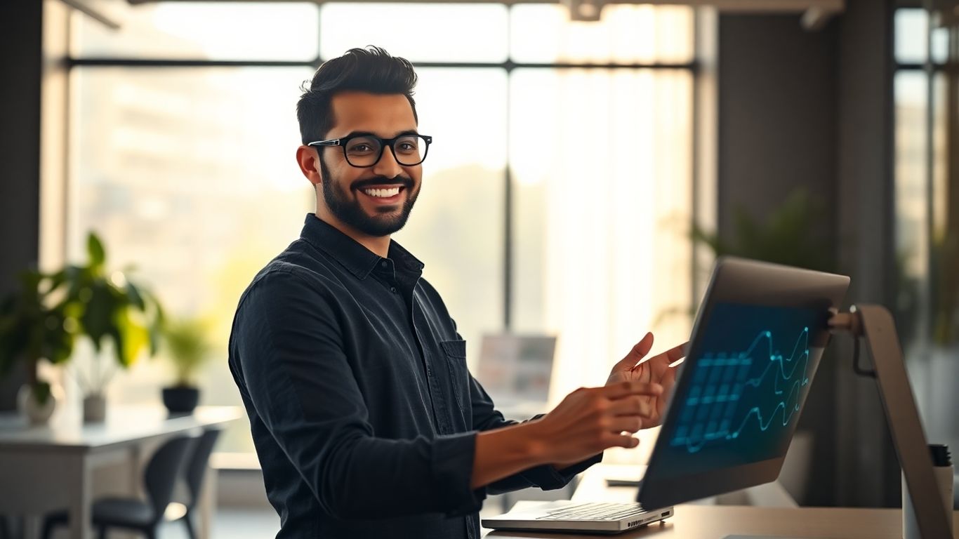 Small business owner smiling with digital interface