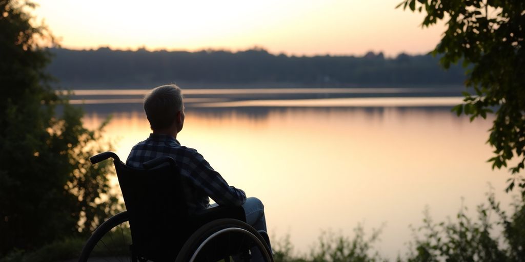 Person in wheelchair by a tranquil lake at sunset.