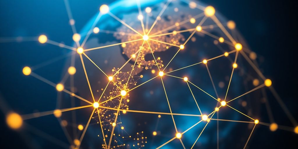Blockchain network connections over a digital globe.