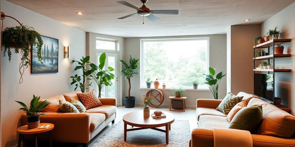 Eco-friendly renovated basement with natural light and plants.