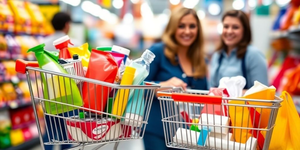 Einkaufswagen mit Produkten und glücklichem Käufer.