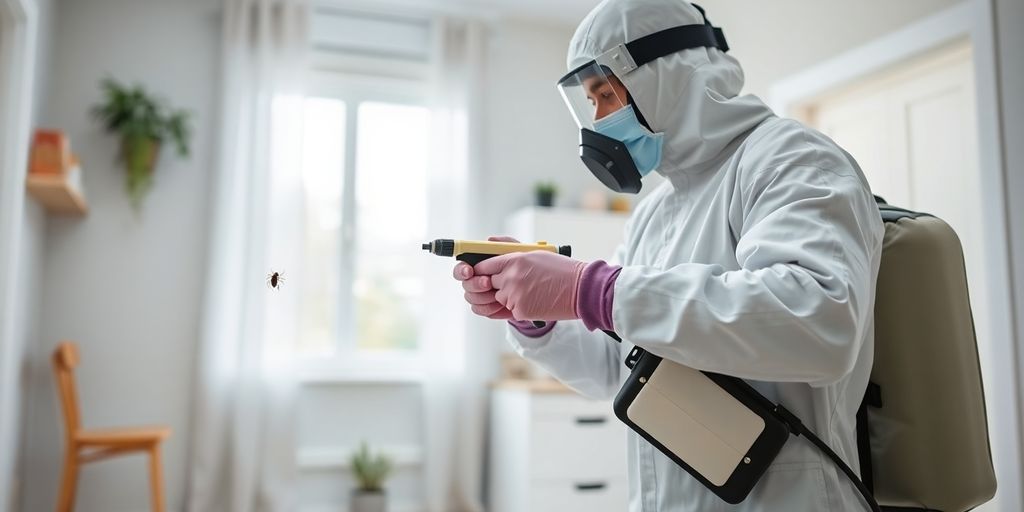 Specialist in dezinsecție aplicând insecticid în locuință.