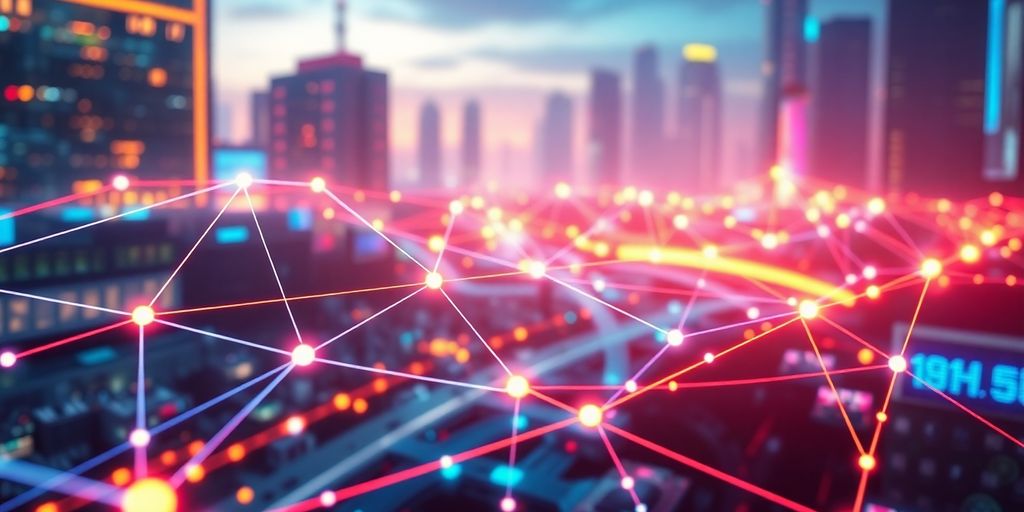 Futuristic digital landscape with glowing interconnected nodes.