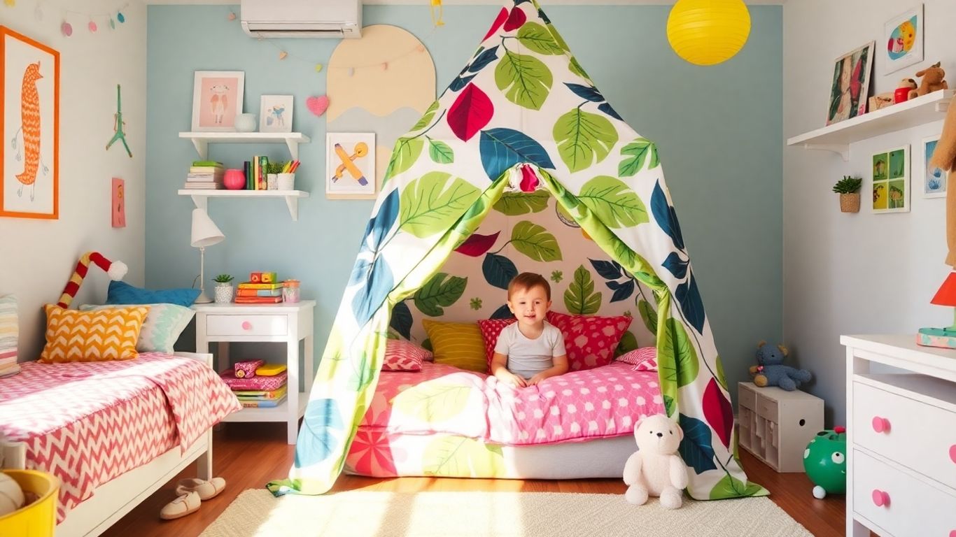 Child sitting in a leaf-print tent bed
