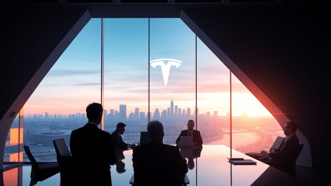 Tesla executives in boardroom overlook city with electric cars.