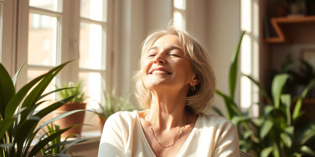 Mulher sorridente em ambiente tranquilo e iluminado.