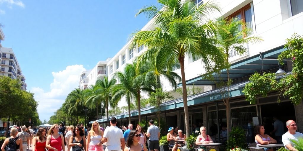 Vibrant street scene in Aventura, Florida with people enjoying.