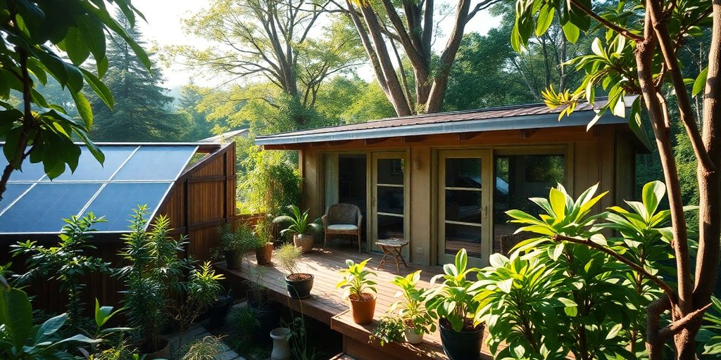 Logement écologique avec verdure et panneaux solaires.