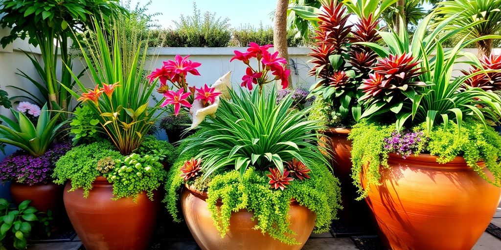 Cores vibrantes de plantas em vasos grandes no jardim.