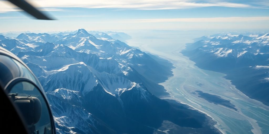 A helicopter flying over vast, snow-covered Alaskan mountains.