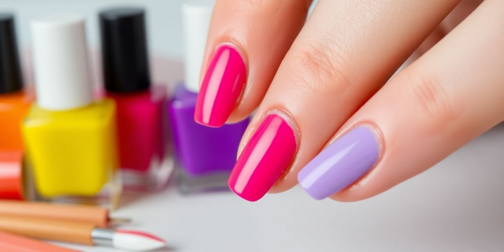 Colorful nails and nail polish tools on a table.