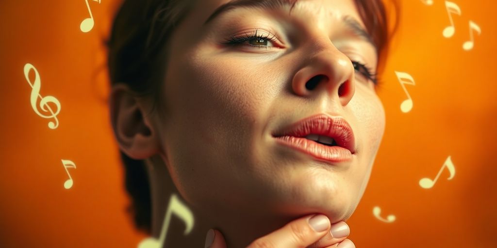 Person humming with musical notes in a colorful background.