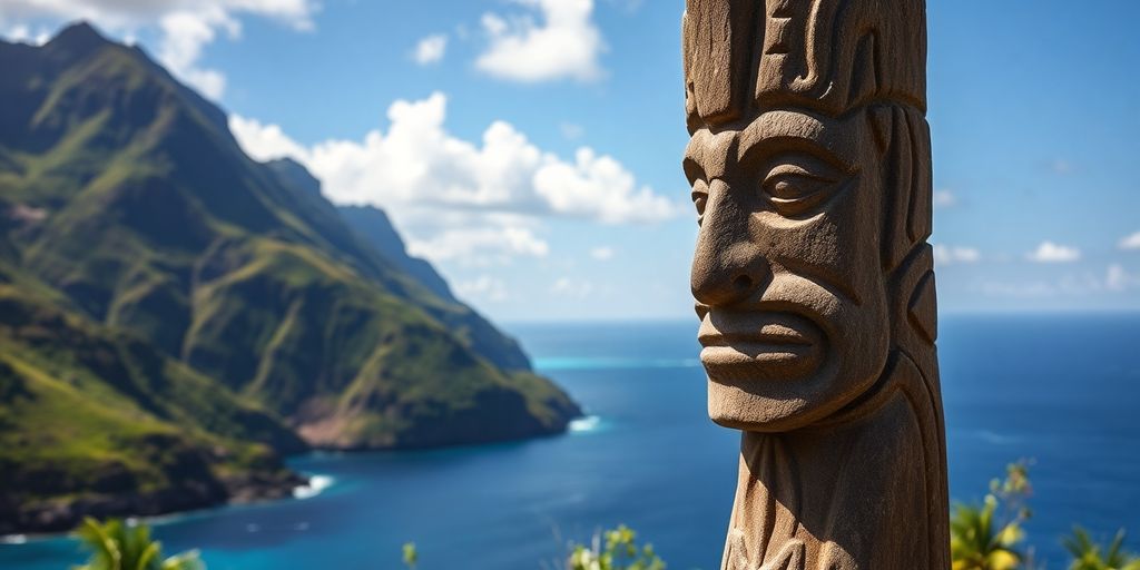Ancient stone tiki overlooking lush Marquesas Islands landscape.