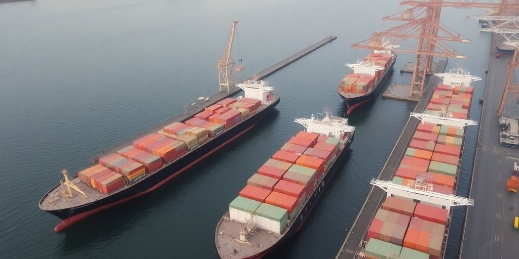 Bulk cargo ships in a busy port setting.