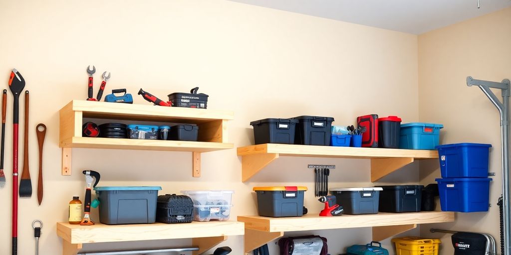Floating garage shelves with tools.