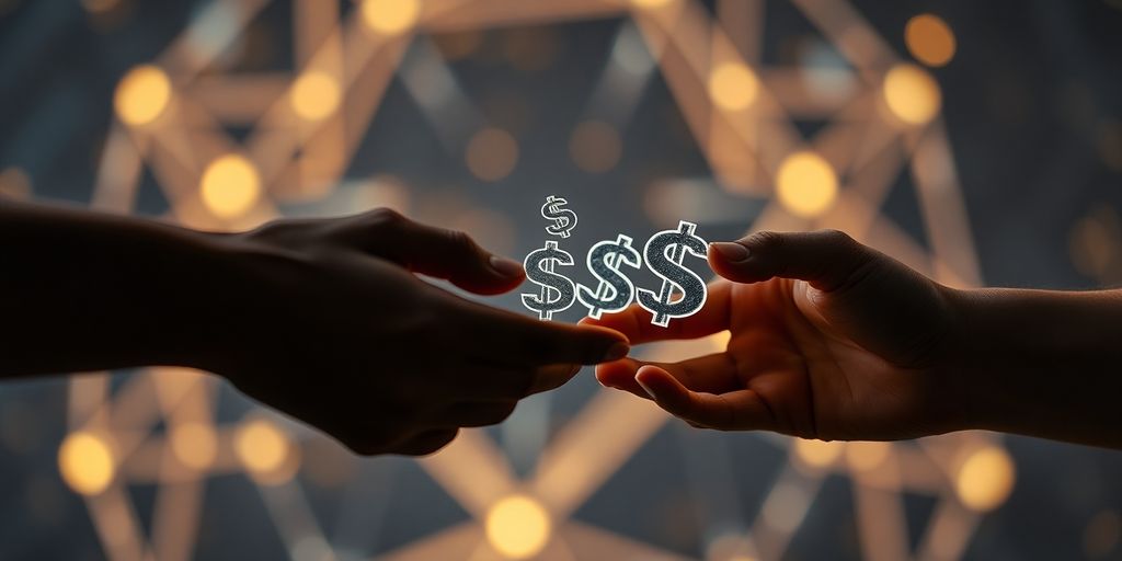 Two hands exchanging digital currency.