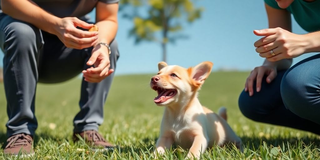 Energetic puppy training in a sunny outdoor setting.