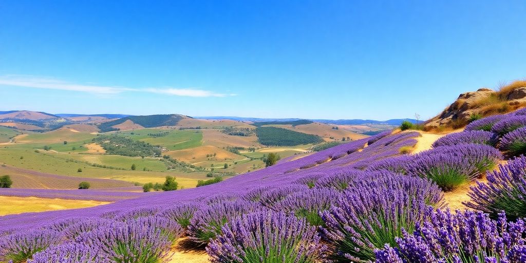 Paysage de Provence avec champs de lavande et collines.