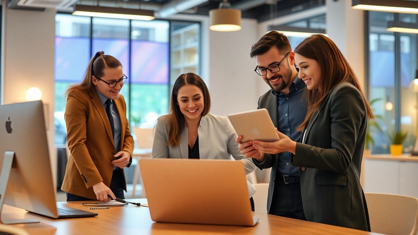 Business team collaborating in a modern high-tech office.