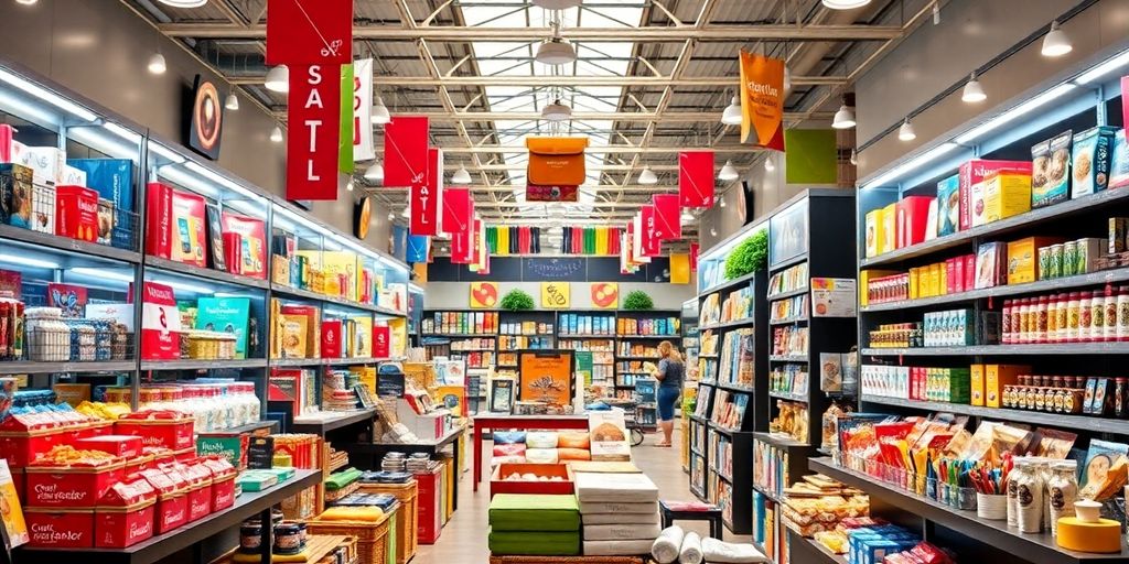 Colorful e-commerce product displays in a vibrant marketplace.
