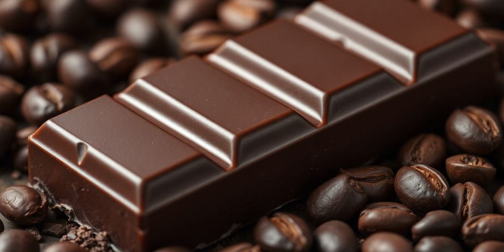 A rich dark chocolate bar with cocoa beans.