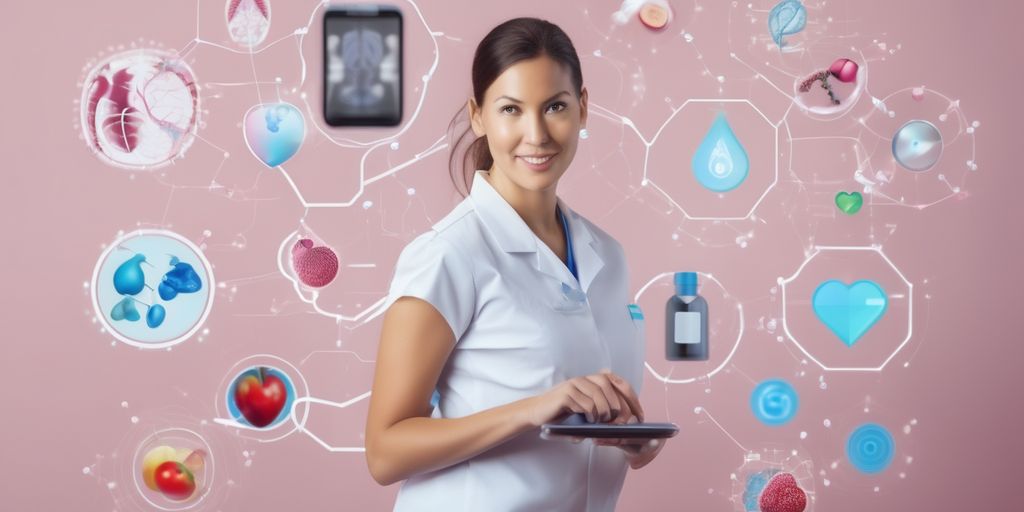 woman tracking health on a digital device with hormone icons