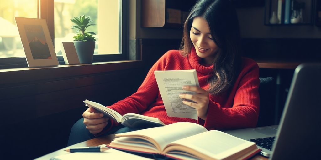 Person reading in a cozy coffee shop, promoting continuous learning.