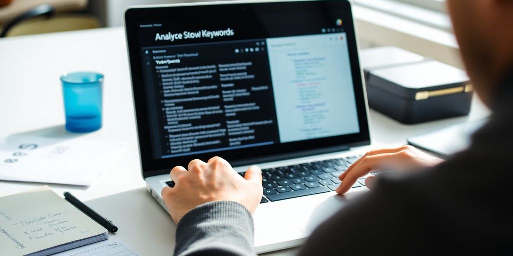 Person researching keywords on a laptop with notes.