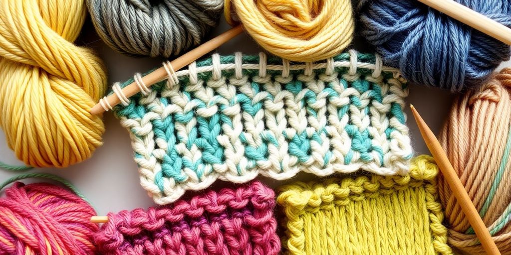 Colorful yarn swatches with knitting needles.