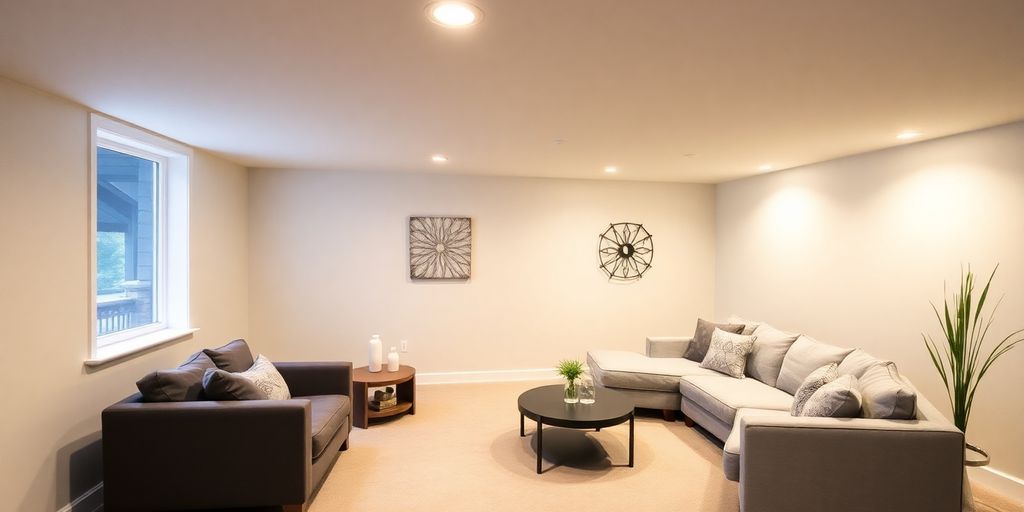Bright, modern Alpharetta basement with cozy seating.