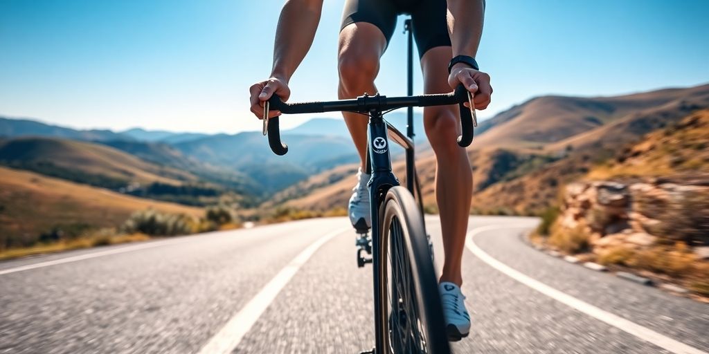 Cyclist on road, scenic, sunny day.