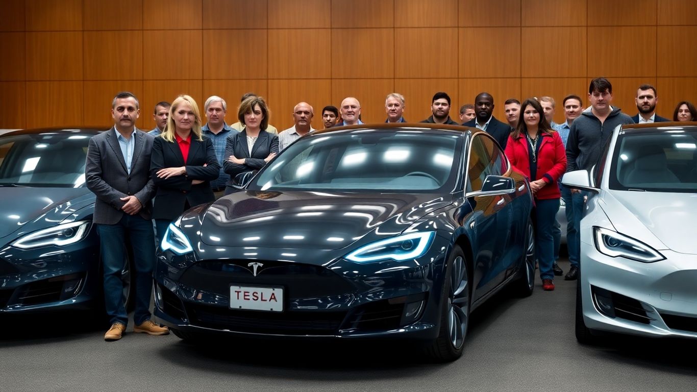 Tesla owners standing by their cars in a courtroom.