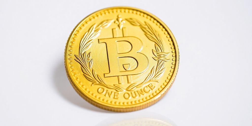 Une pièce d'or d'une once sur une surface réfléchissante.