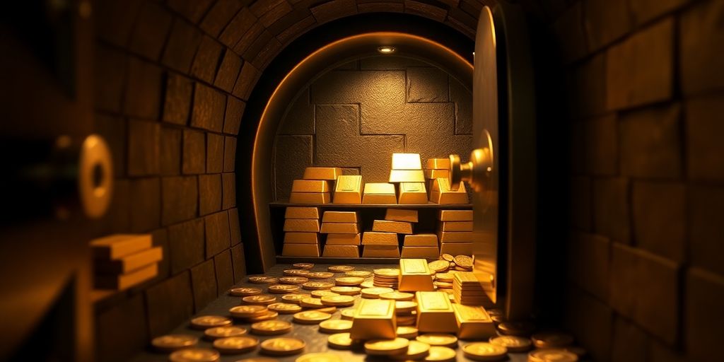Coffre-fort rempli de lingots et de pièces d'or.