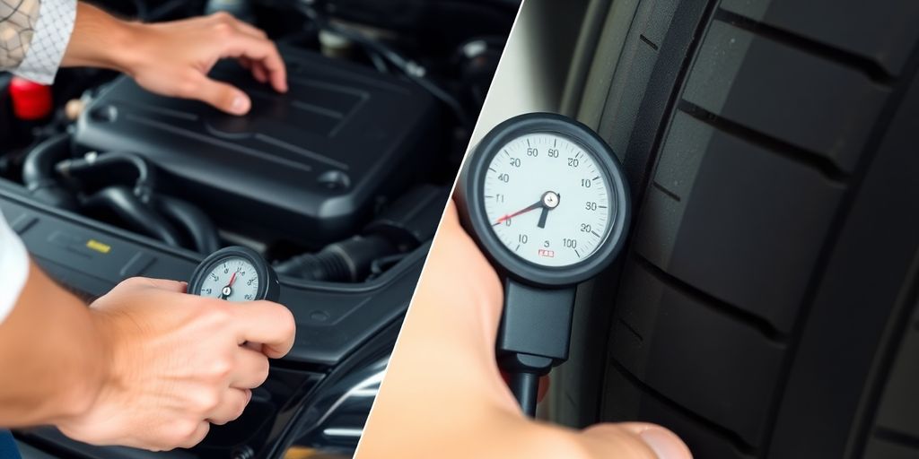 Car owner checking engine oil and tire pressure.