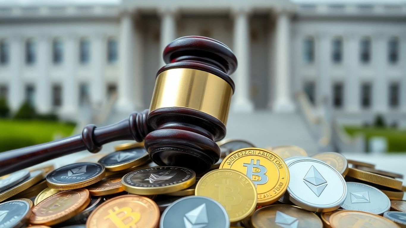 Gavel on digital currency coins with legislative building background.