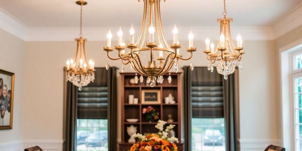 Elegant chandeliers illuminating a stylish dining room setting.