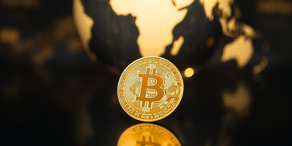 Golden Bitcoin coin with globe background.