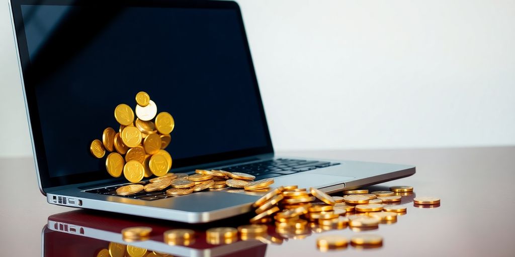 Golden coins spilling from laptop