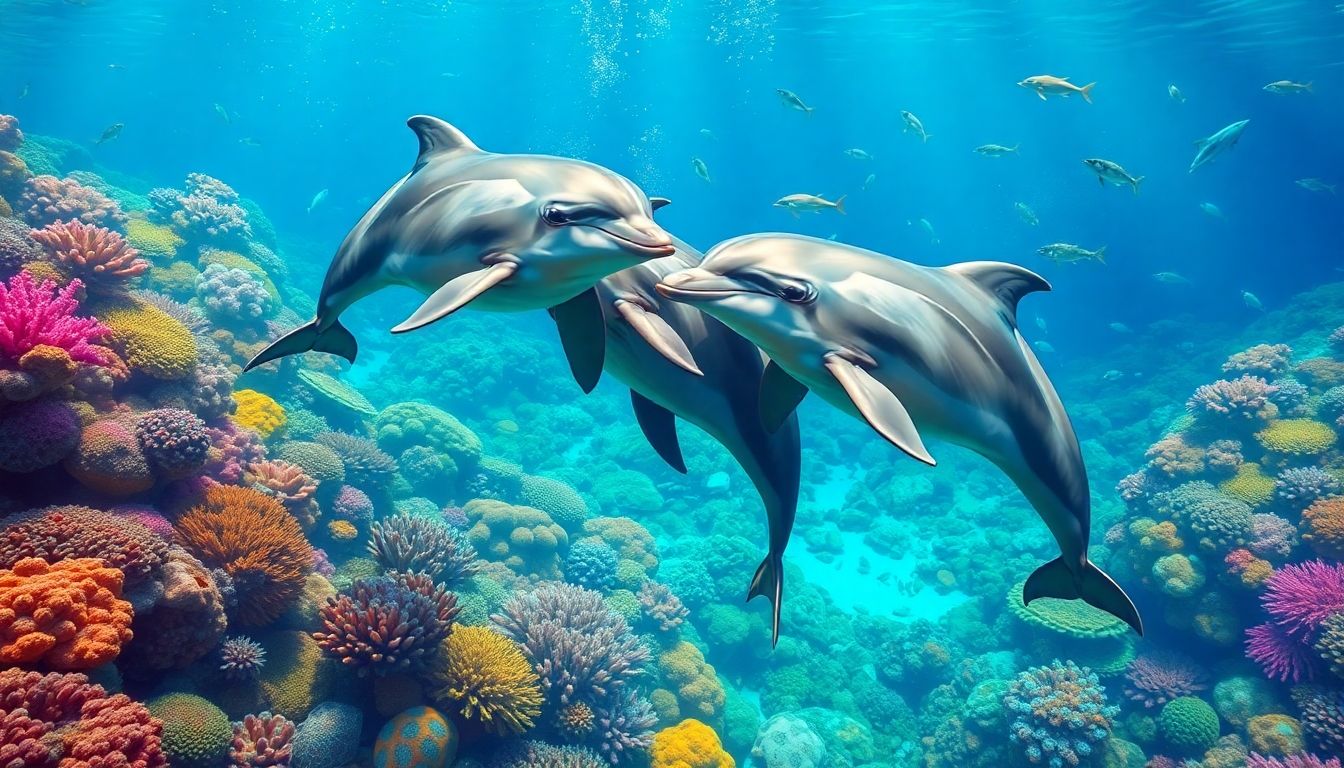 Dolphins communicating in a colorful underwater environment.