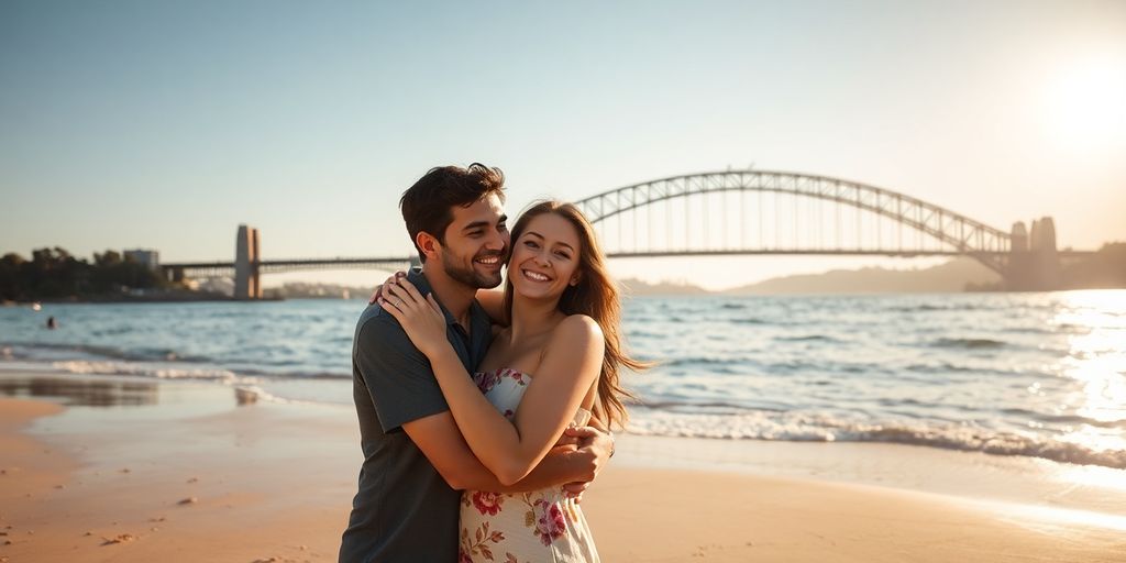 Couple smiling on a beach, Sydney Harbour Bridge in background.