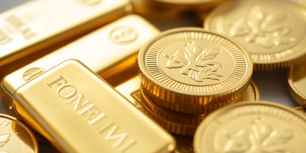 Barres et pièces d'or brillantes sur fond flou.