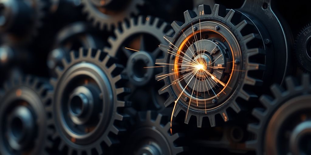 Interconnected gears, energy flashes.